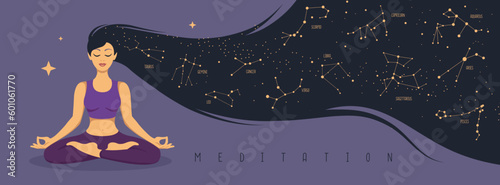 Woman meditation with zodiac constellations inside long hair. Set of Zodiac signs. Vector illustration