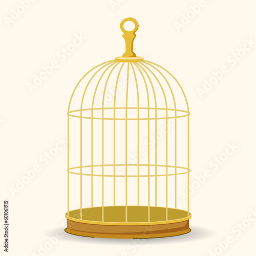 Golden cage for a bird. House for the bird. Pet. Vector illustration in cartoon style.