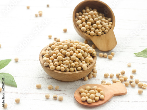 Soybean or soya bean in a wooden spoon on white wooden background. Used as a base for making soy sauce, tofu and tempeh