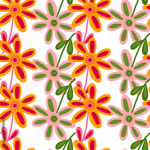 Hand drawn floral wallpaper. Cute flower seamless pattern. Naive art style.