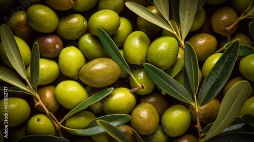  Background with green olives, ai generated