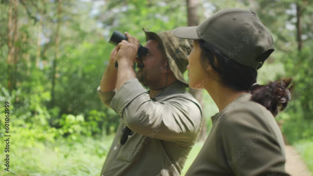 Medium close-up shot of male and female environmental protection officers standing in pine forest during patrol, looking through binoculars at birds and animals on trees and talking Medium close-up shot of male and female environmental protection officers standing in pine forest during patrol, looking through binoculars at birds and animals on trees and talking