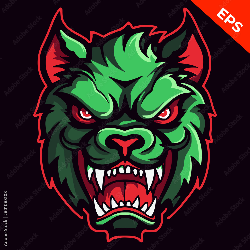 Angry bear, Warhammer, green red bear vector, red color. Isolated vector sign symbol