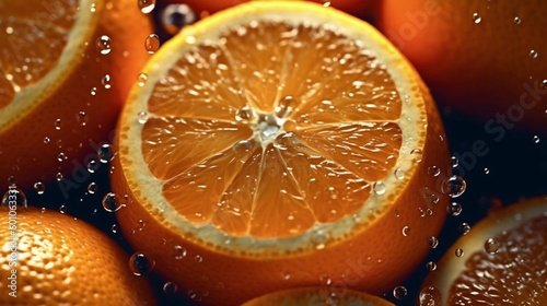 Orange slices close-up water background. Macro surface texture Juicy slices of orange. AI generated