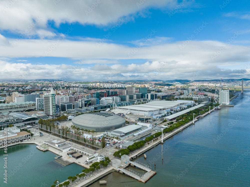 Fototapeta premium Lisbon Business Downtown with Skyscrapers and Roof of Altice Arena in Background. Portugal