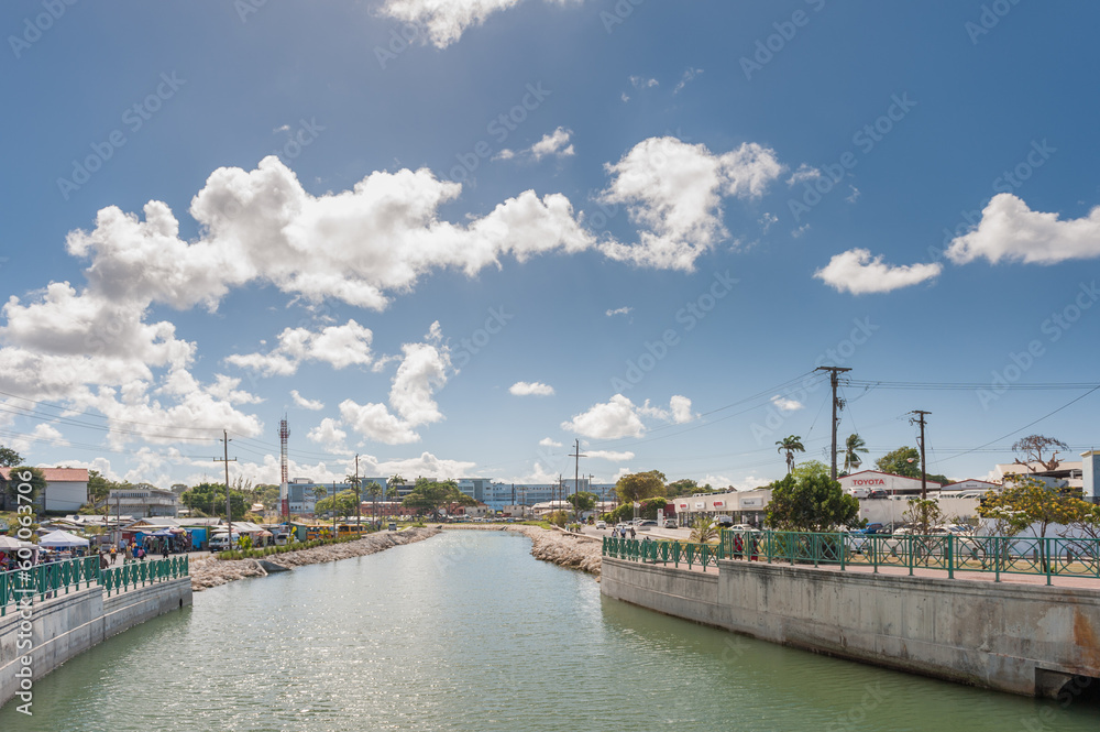 Bridgetown Cityscape with Canal River. Cloud Blue Sky. Barbados