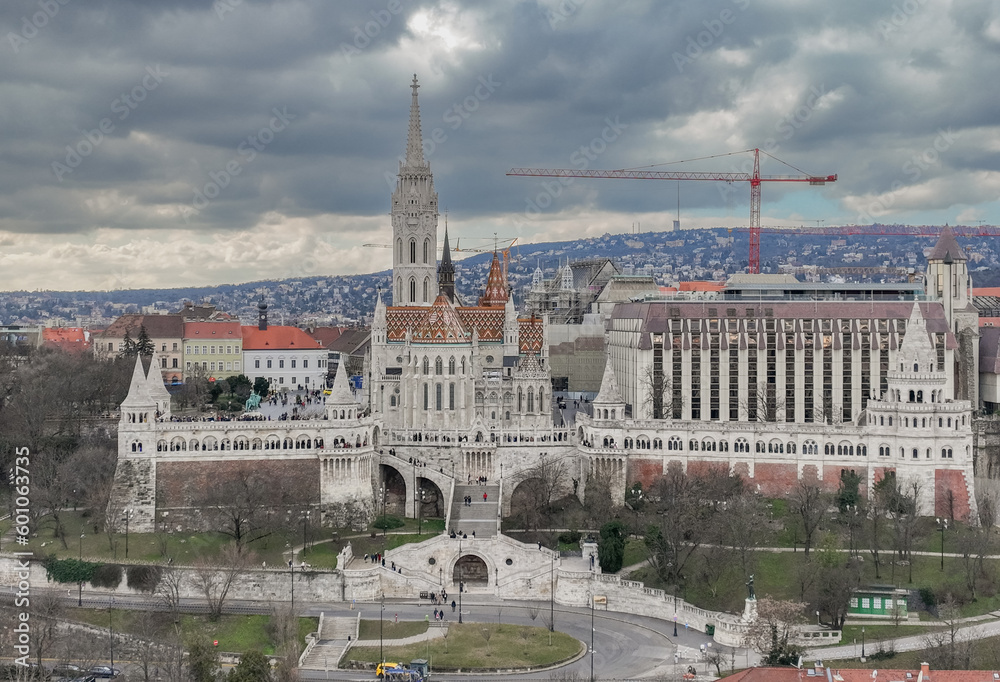 Matthias Church and Fisherman's Bastion in Budapest, Hungary. City Views Point.