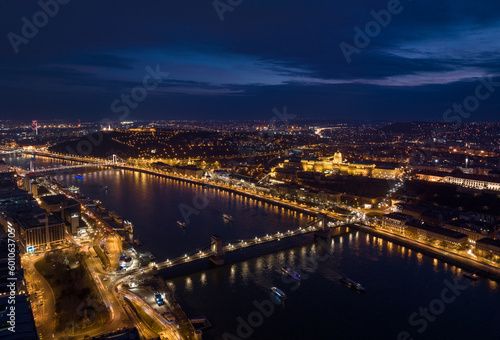 Night Buda Castle and Szechenyi Chain Bridge in Budapest, Hungary. Danube River