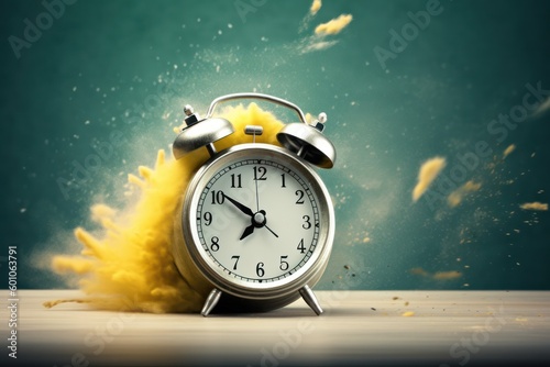 dynamic wake-up concept, vintage alarm clock ringing and exploding into dust bright fragments