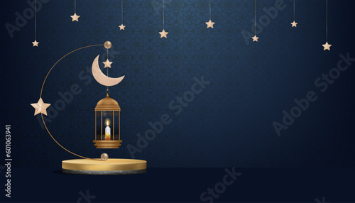 Islamic Podium with Traditional islamic lantern with Crescent moon,Star hanging on Blue Background, Vector Backdrop of Religion of Muslim Symbolic,Eid ul fitr, Ramadan Kareem,Eid al Adha,Eid Mubarak
