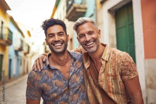 happy cheerful gay couple at holiday laughing smiling looking to camera