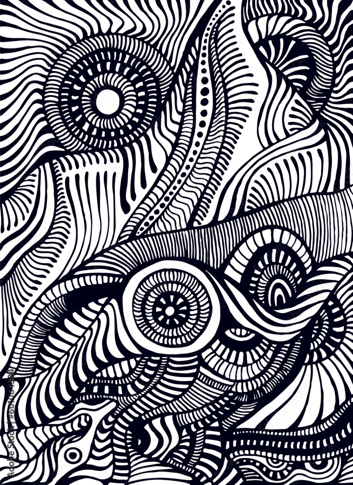 Abstract black and white pattern isolated on white. Coloring page monochrome doodle style background. Abstract black and white pattern isolated on white. Coloring page monochrome doodle style background.