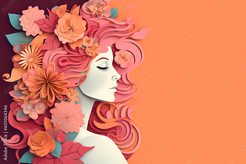 Decoration / Women's Day / Simple design of a woman with flowers coming out of her head / Motherly love / Generative AI