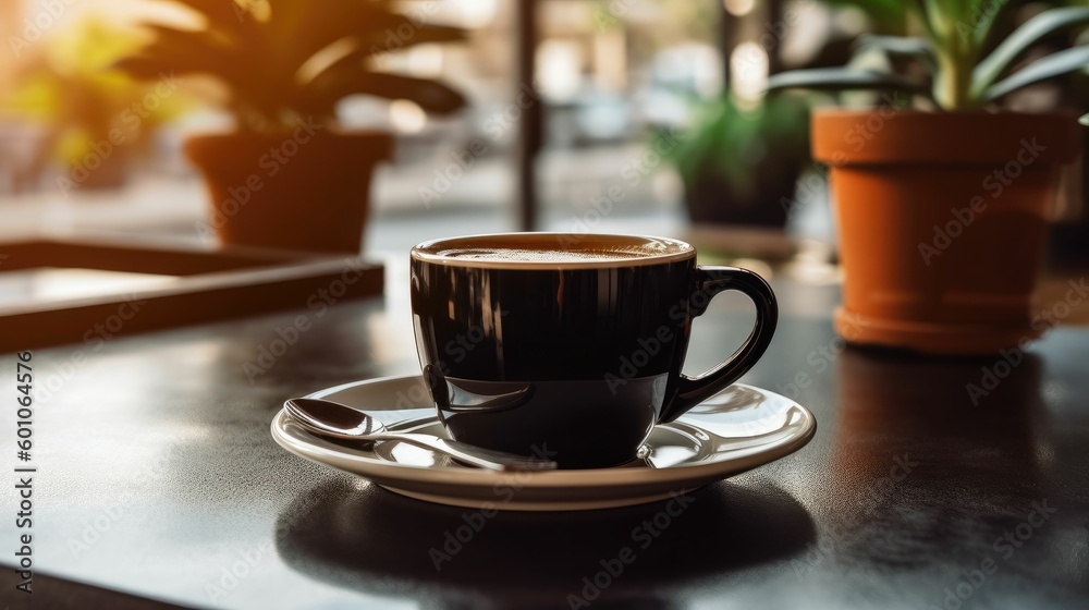 Hot cup of black coffee on a table in a cafe Hot cup of black coffee on a table in a cafe
