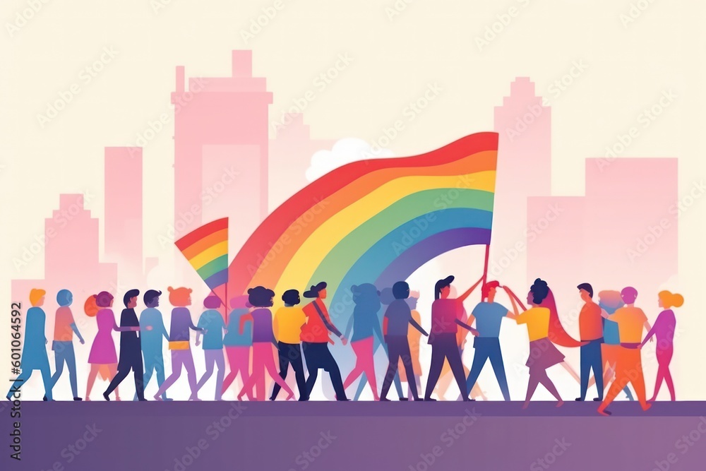 vibrant illustration LGBTQ pride parade, diverse crowd of people walking displaying rainbow flags