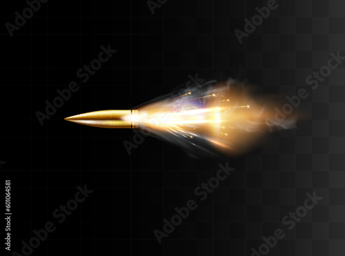 Gunshots, bullet in motion, military smoke trails. Realistic flying bullet in motion. Smoke traces isolated on transparent background. Handgun shoot trails.