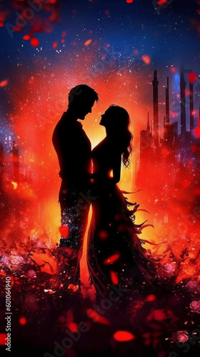 silhouettes male is holding a beautiful red hair woman. AI generative