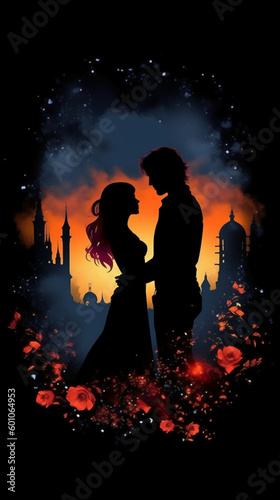 silhouettes male is holding a beautiful red hair woman. AI generative