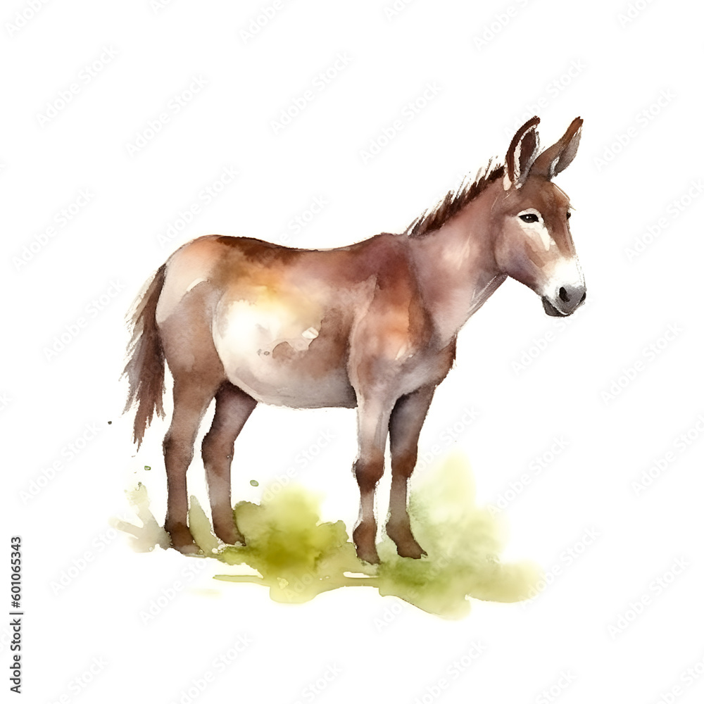 Obraz premium Donkey isolated on white background. Watercolor. Illustration. Sample. Close-up. Clip-art. Drawn by hand.