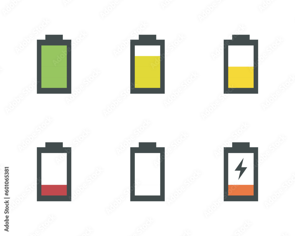 battery icon set, battery charge power level indicator