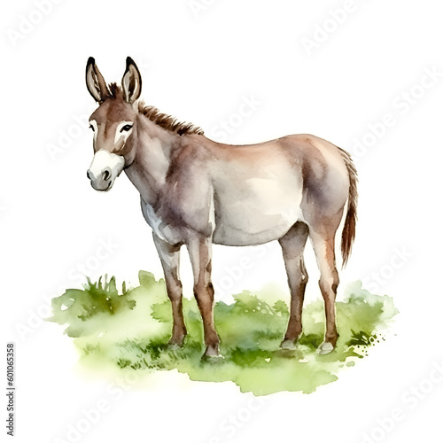 Donkey isolated on white background. Watercolor. Illustration. Sample. Close-up. Clip art. Drawn by hand.