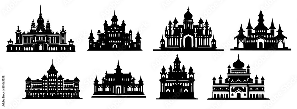 set of palace silhouettes on isolated background