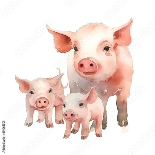 Watercolor pig with little piglets isolated on white background. Hand drawn illustration of a pig.