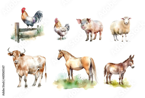Farm, domestic animals, artiodactyls, cow, donkey, horse and goat on a white background.