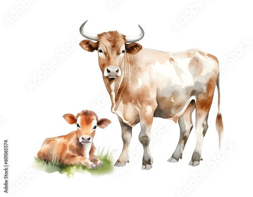 Brown cow with a small calf. set of breeds of cattle. farm animal hand draw watercolor illustration