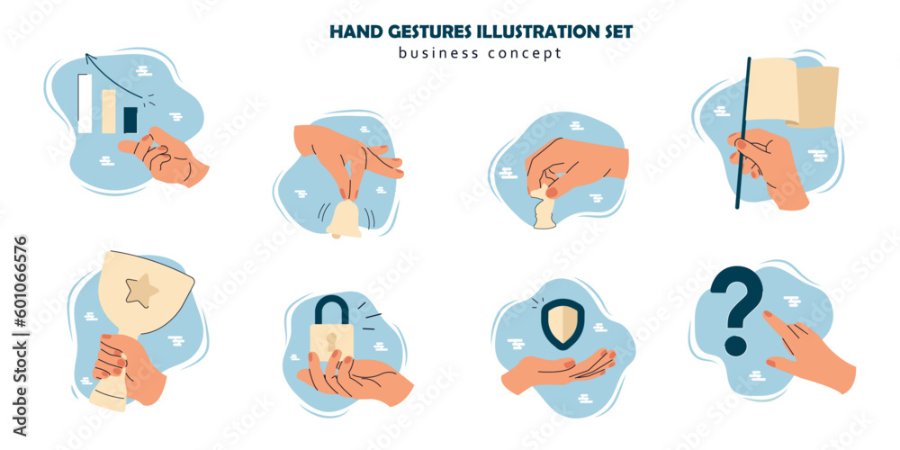 Fototapeta premium A miniature with hand gestures pointing to a question mark, holding a horse, holding a trophy cup, a castle and other items. Business concept. Vector illustration.
