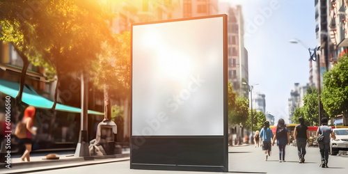 Digital Media Blank billboard, signboard for product advertisement, design, on realistic busy city street background, sunny day, Generative AI