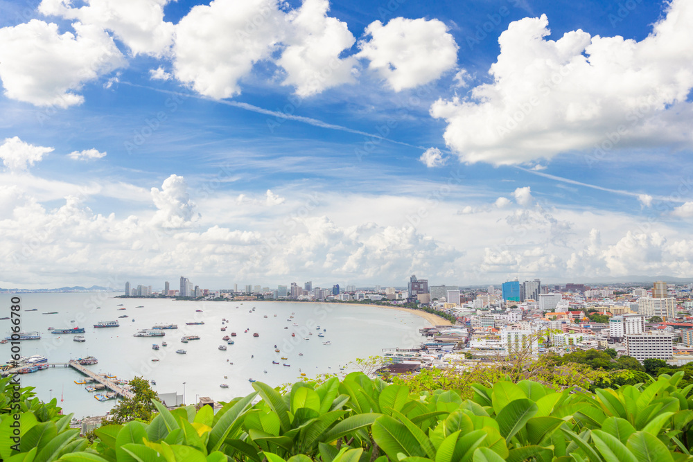 The Pattaya city with blue sky from high angle view, Pattaya is very famous nightlife attractions in Thailand.