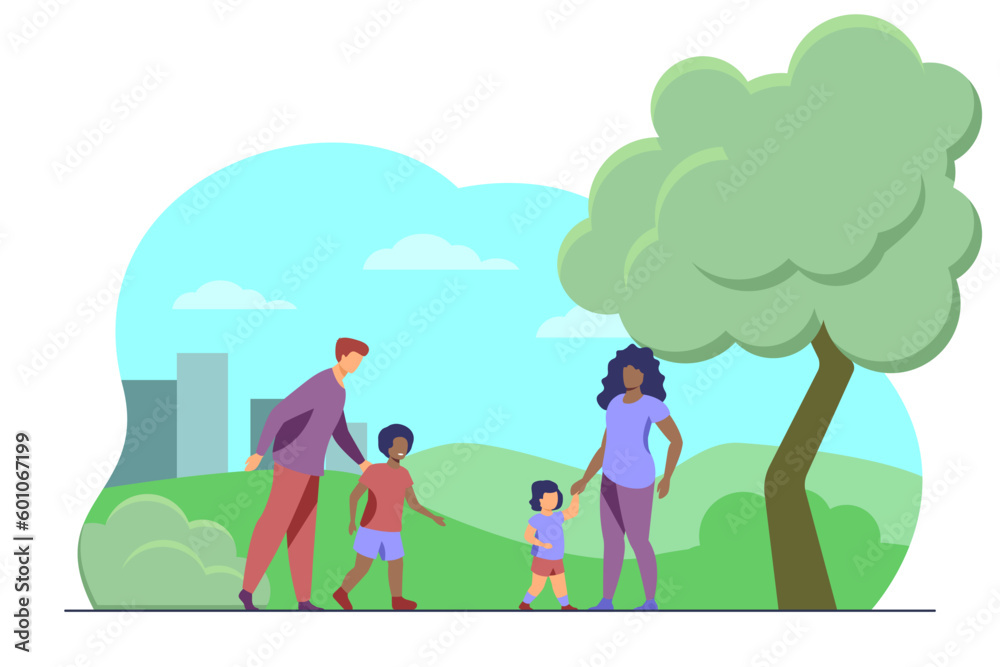 Interracial family having fun at park vector illustration. Happy mother and father walking and playing with children outdoors. Diversity, relationship, family, interracial marriage concept Interracial family having fun at park vector illustration. Happy mother and father walking and playing with children outdoors. Diversity, relationship, family, interracial marriage concept