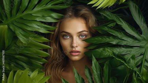 Beautiful girl among tropical leaves
