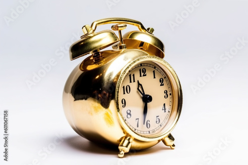 golden alarm clock on a white background. Created with Generative AI Technology