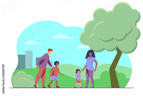 Interracial family having fun at park vector illustration. Happy mother and father walking and playing with children outdoors. Diversity, relationship, family, interracial marriage concept