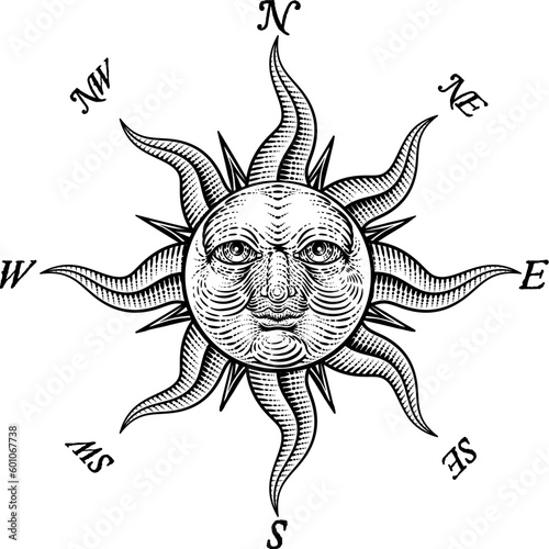 A compass rose with a sun f...