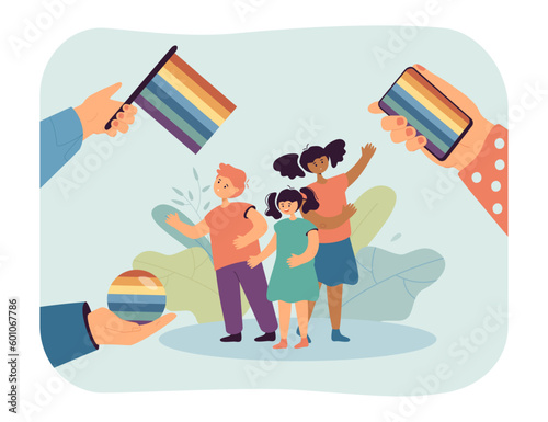 Child protection against propaganda vector illustration. Hands showing LGBT flags to kids, depiction of homosexuality or gender reassignment in media. Anti-LGBT criticism, inclusive society concept