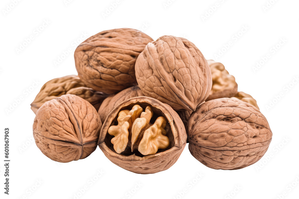 Walnut group isolated on transparent background. Generative Ai Walnut group isolated on transparent background. Generative Ai