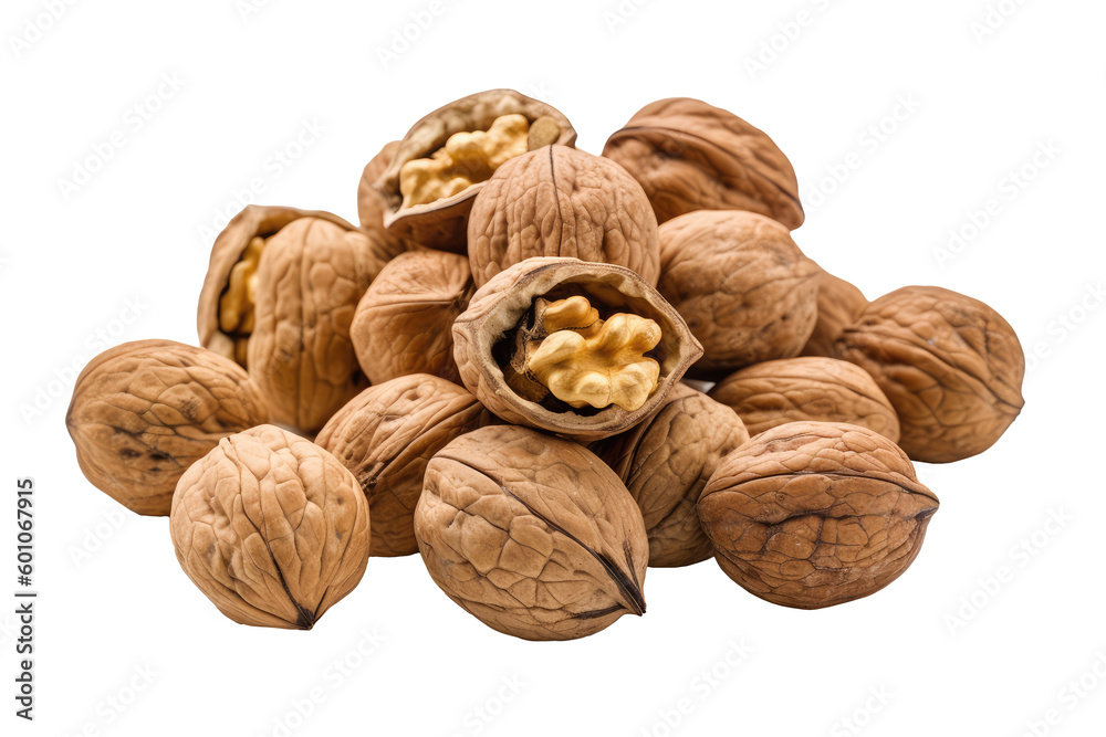 Walnut group isolated on transparent background. Generative Ai Walnut group isolated on transparent background. Generative Ai