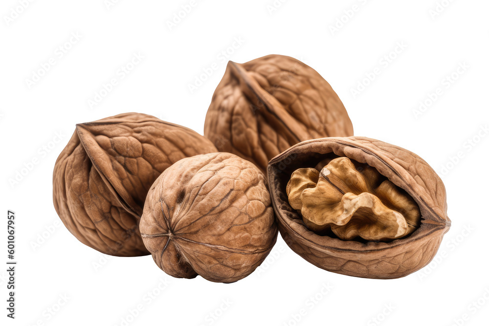 Walnut group isolated on transparent background. Generative Ai Walnut group isolated on transparent background. Generative Ai