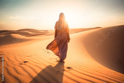 Obraz na płótnie Arabian woman walk in the desert sand and dunes at sunset ai generated art Gener