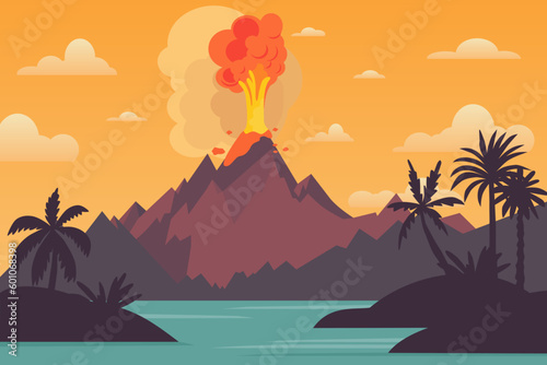 Volcano eruption flat vector background  nature landscape. Mountain with fountain of lava  volcanic ash clouds  fire and smoke  palm trees in the tropics