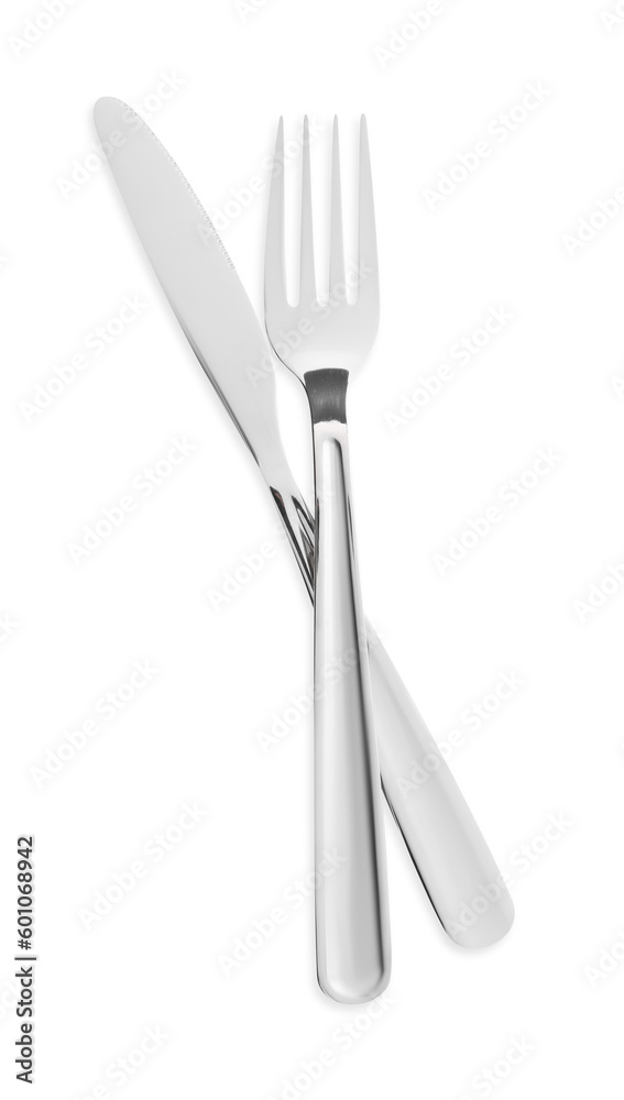 Fork and knife isolated on white, top view. Stylish shiny cutlery set Fork and knife isolated on white, top view. Stylish shiny cutlery set