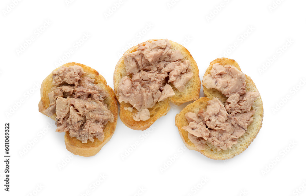 Tasty sandwiches with cod liver isolated on white, top view Tasty sandwiches with cod liver isolated on white, top view