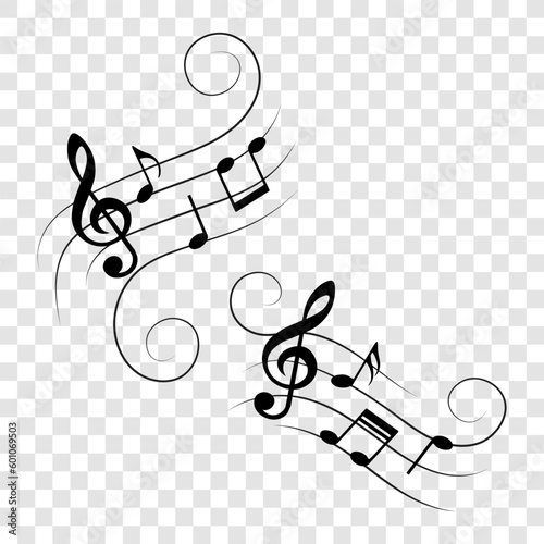 Music notes with swirls, vector illustration.