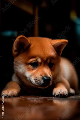 Cute Japanese Shiba Inu Puppy on a Wooden Floor