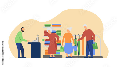 Queue of senior people vector illustration. Elderly men and women shopping at store, paying for clothes at checkout. Senior lifestyle, shopping, marketing, payment options concept