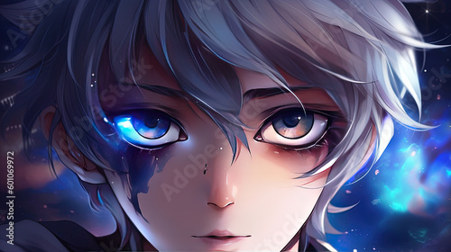 Anime boy with beautiful eyes. Generative AI.