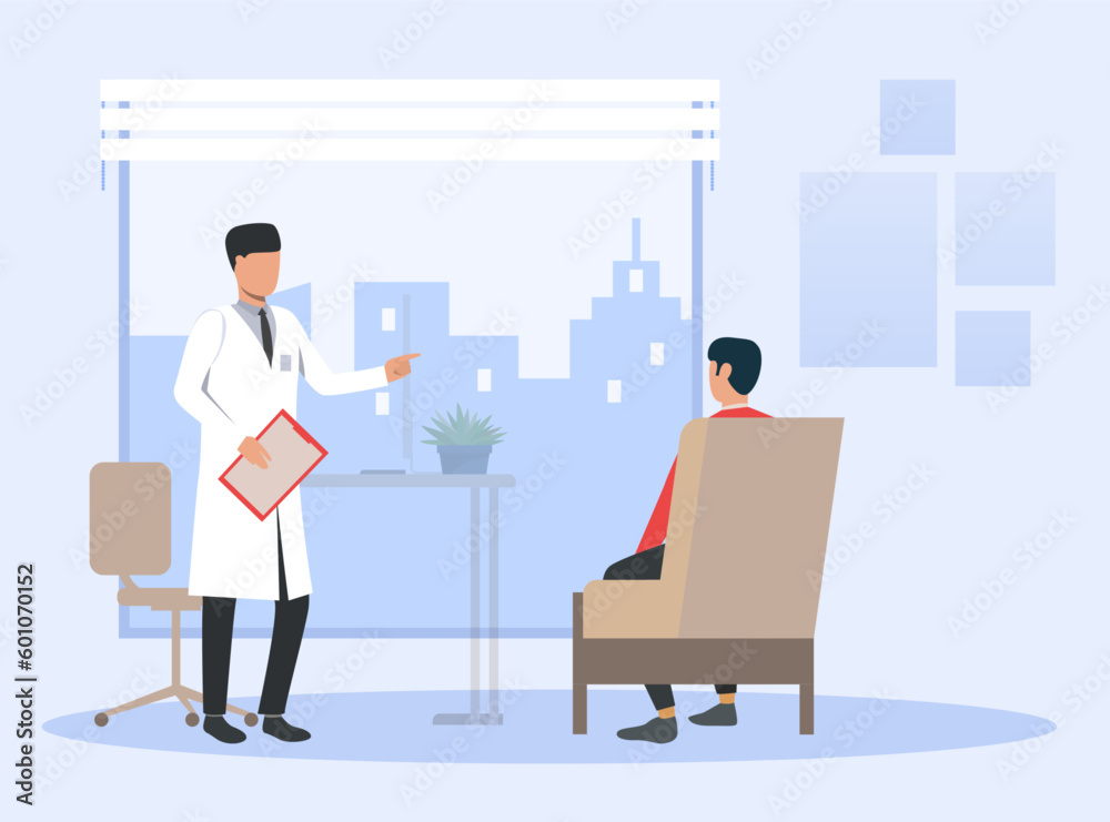 Doctor consulting patient vector illustration. Patient sitting in medical chair during visit or treatment at hospital or clinic. Health care, medical checkup, wellness concept